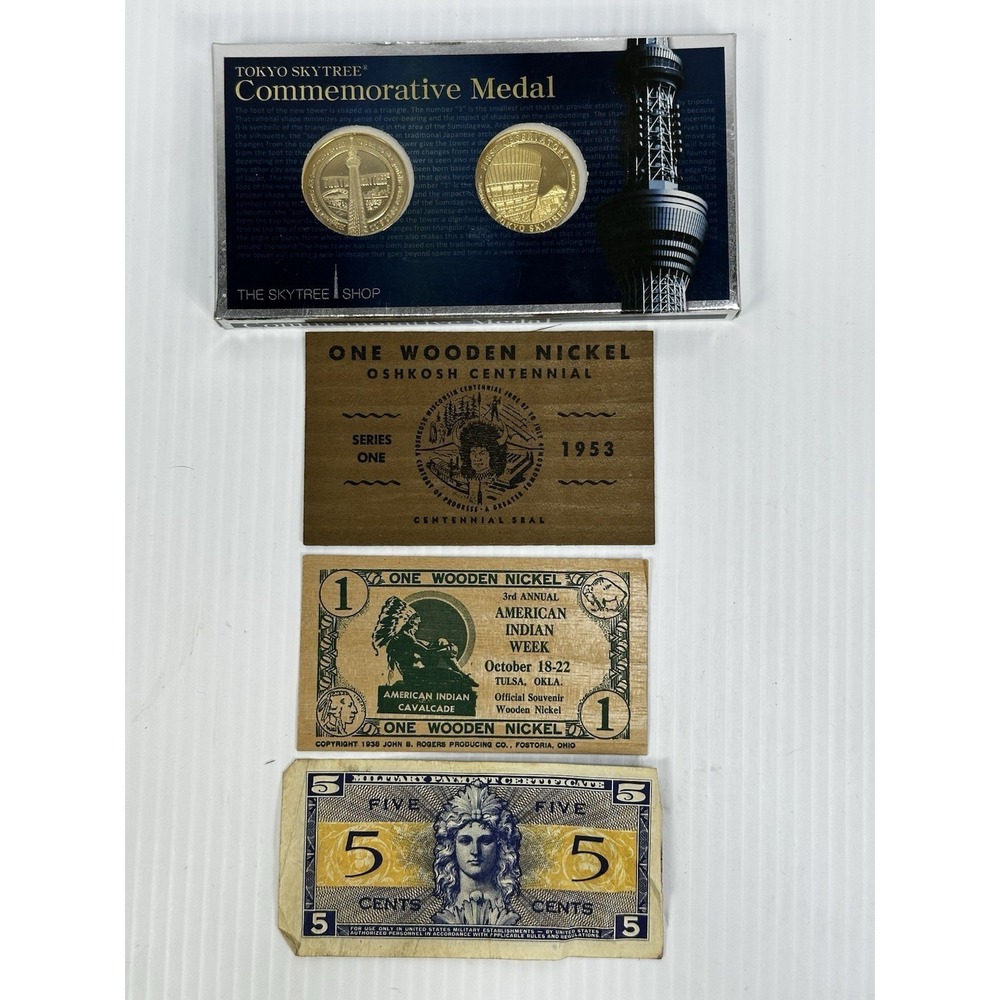 Vintage Wooden Nickel Lot 1938 American Indian 1953 Oshkosh US Military Tokyo